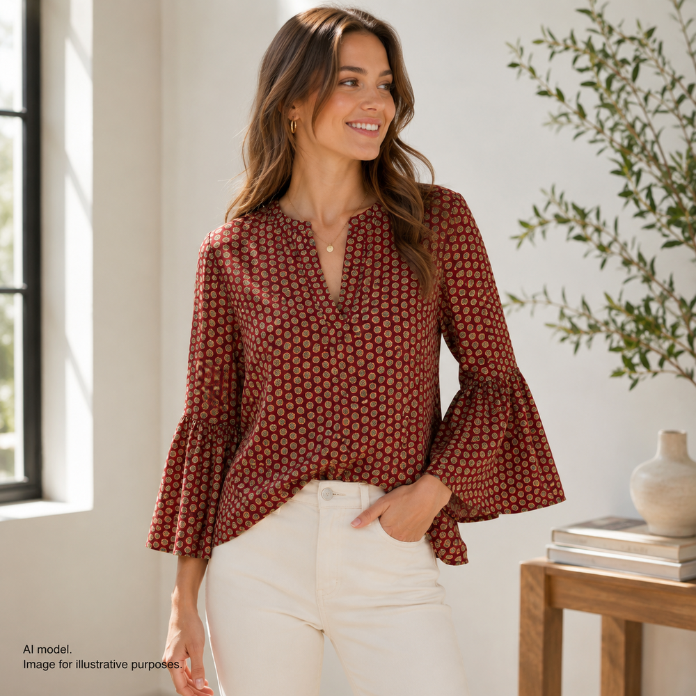J Crew Shirt Women XS Maroon Red Purple Geometric Flare Sleeve Flowy Career